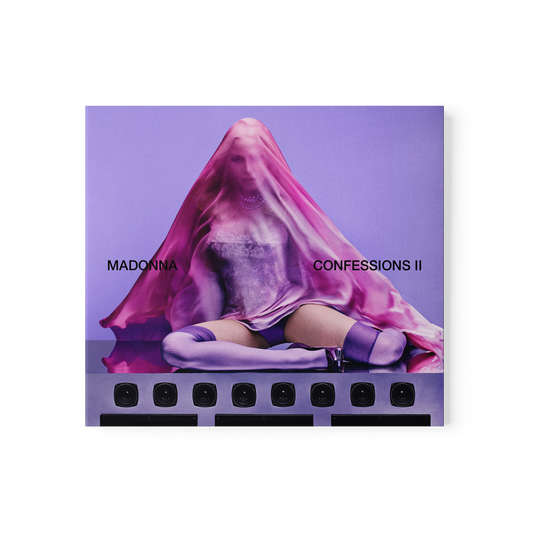 Album cover for 'Confessions II' by Madonna with a purple background and draped fabric.
